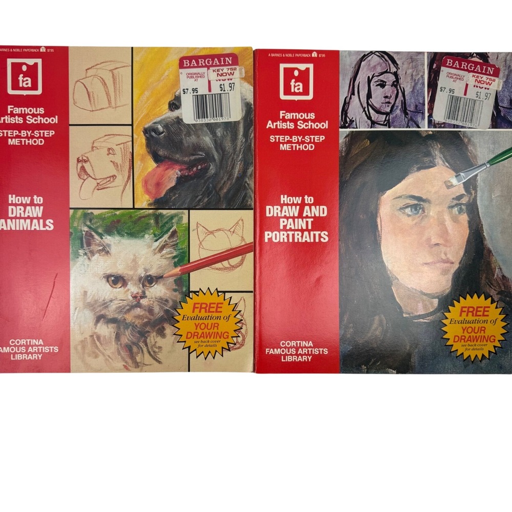 Famous Artists School‎ How to Draw Animals & Portraits 2 Book Set 1983 Vintage